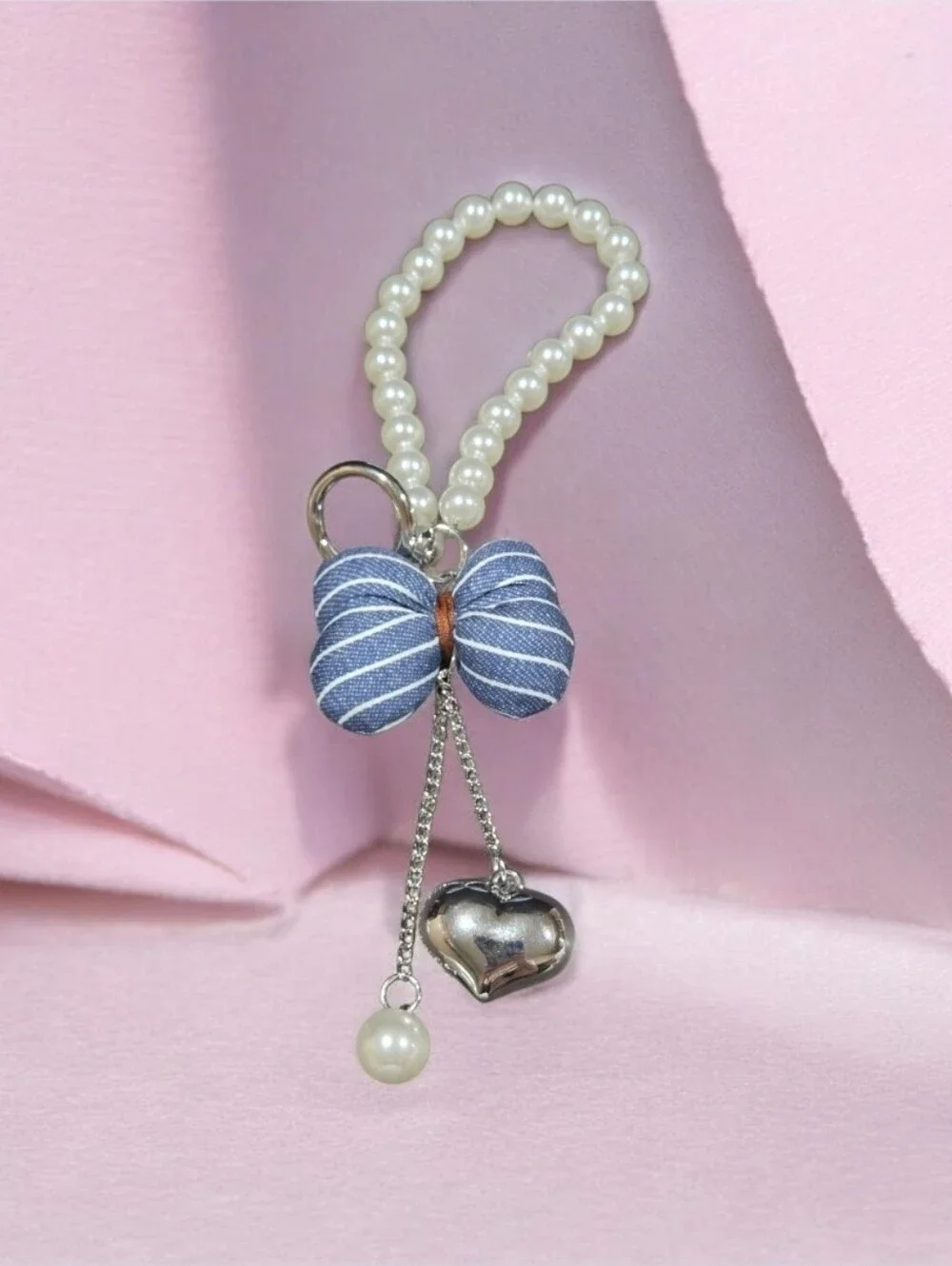 Pearl Loop Keychain with Blue Striped Bow and Silver Heart Charm